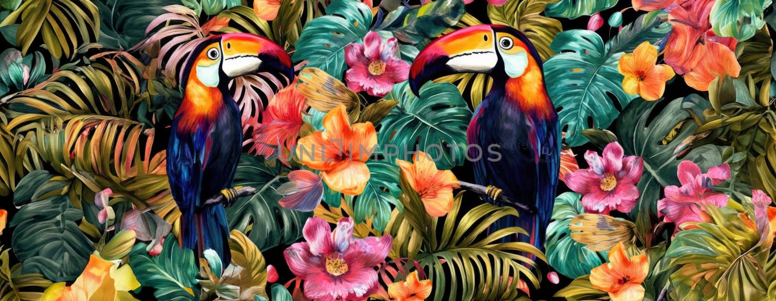 Tropical exotic pattern with animal and flowers in bright colors and lush vegetation. Ai Generative