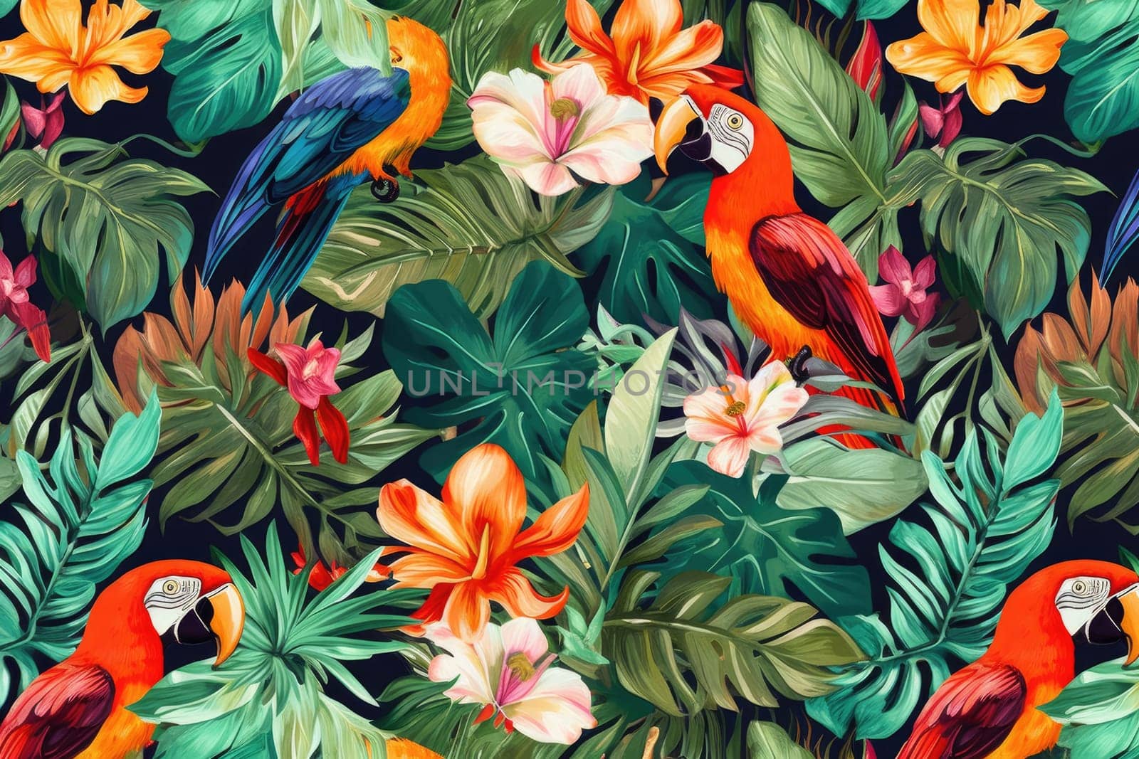 Tropical exotic pattern with animal and flowers in bright colors and lush vegetation. Ai Generative