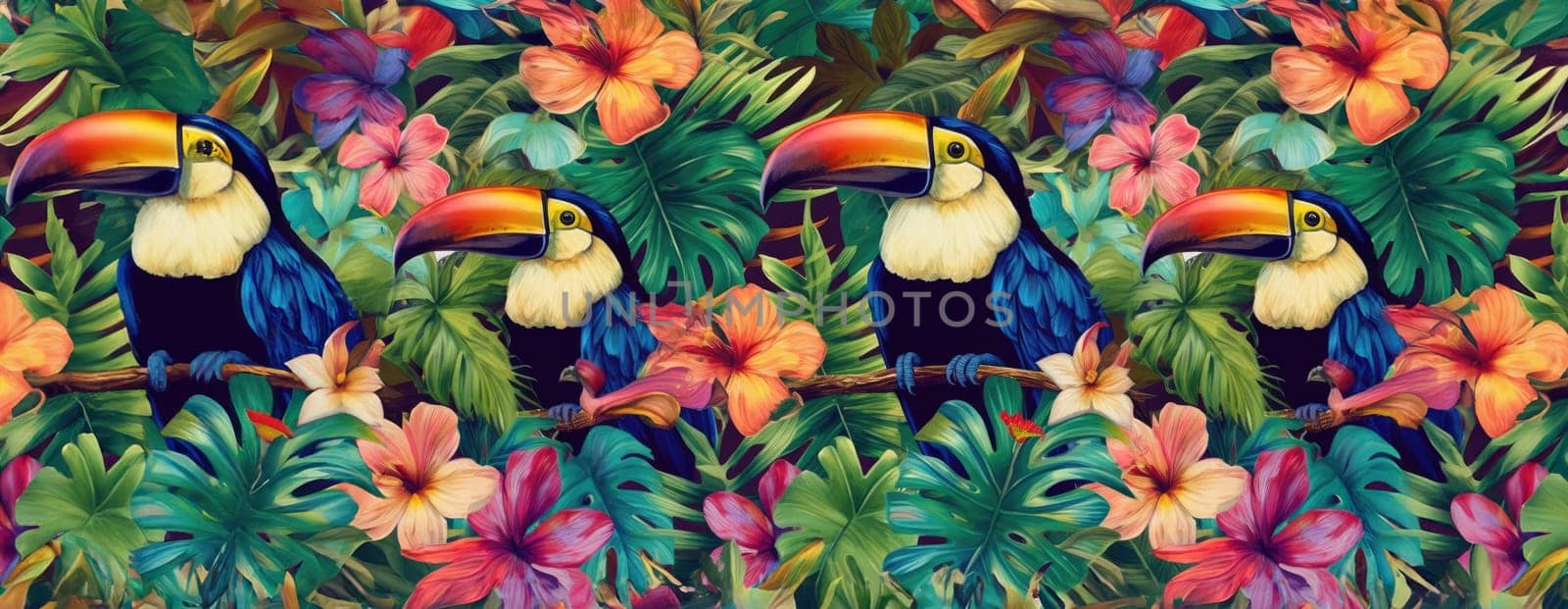 Tropical exotic pattern with animal and flowers in bright colors and lush vegetation. Ai Generative