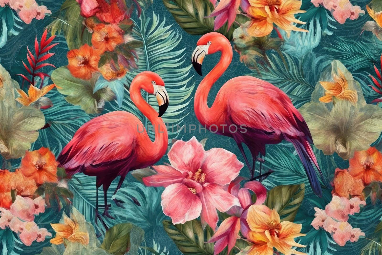 Tropical exotic pattern with animal and flowers in bright colors and lush vegetation. Ai Generative