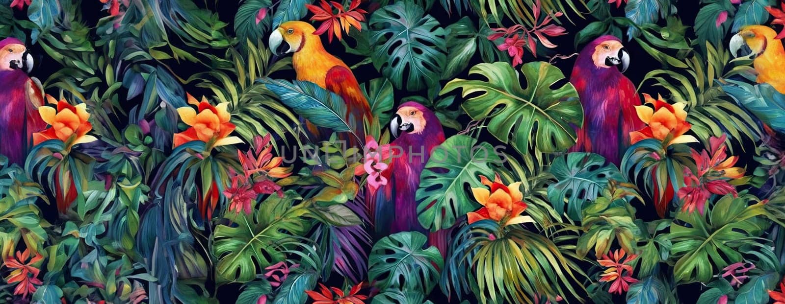 Tropical exotic pattern with animal and flowers in bright colors and lush vegetation. Ai Generative. by Benzoix