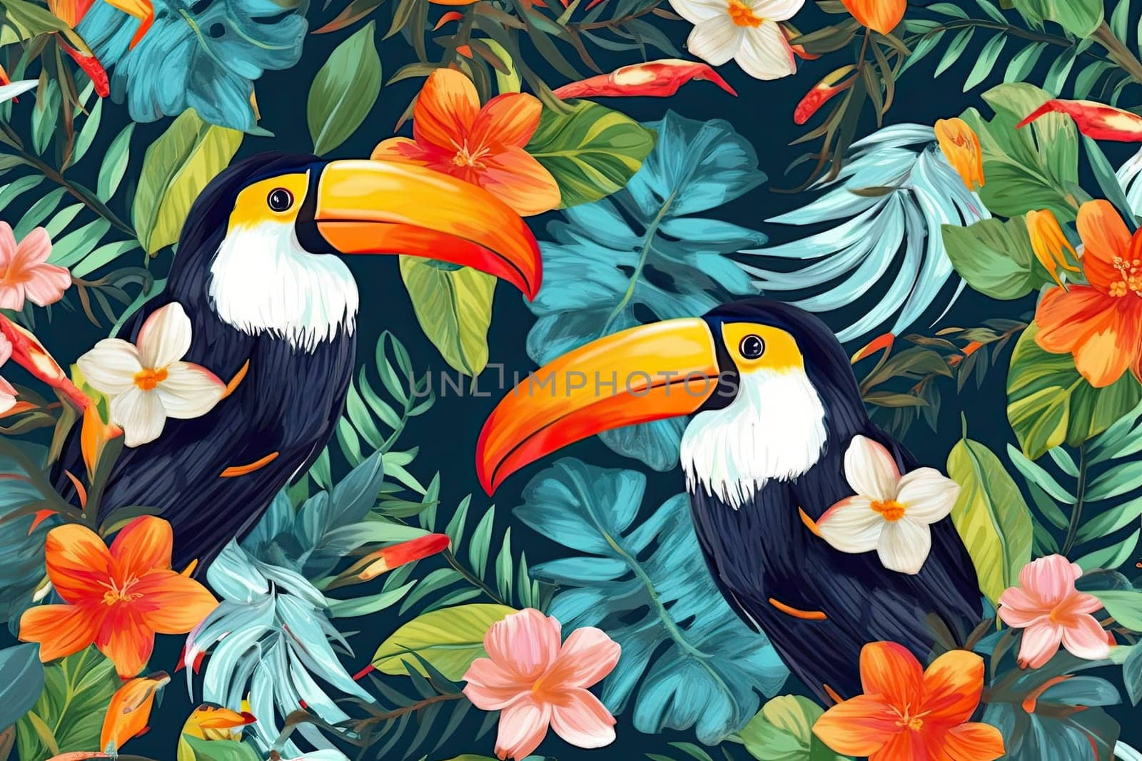 Tropical exotic pattern with animal and flowers in bright colors and lush vegetation. Ai Generative