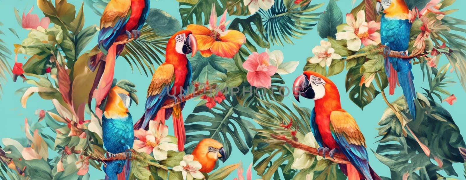 Tropical exotic pattern with animal and flowers in bright colors and lush vegetation. Ai Generative