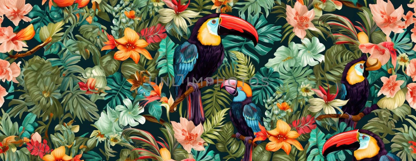 Tropical exotic pattern with animal and flowers in bright colors and lush vegetation. Ai Generative