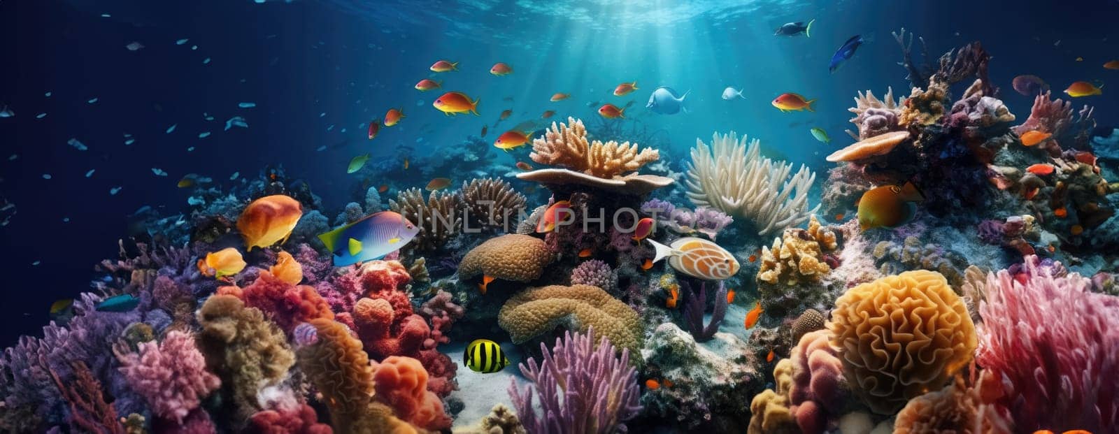 Tropical sea underwater fishes on coral reef. Aquarium oceanarium wildlife colorful marine panorama landscape nature snorkel diving. AI Generative