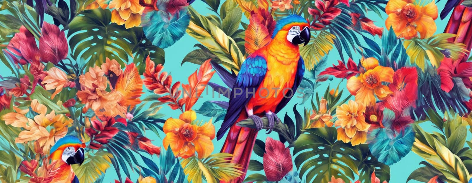 Tropical exotic pattern with animal and flowers in bright colors and lush vegetation. Ai Generative. by Benzoix