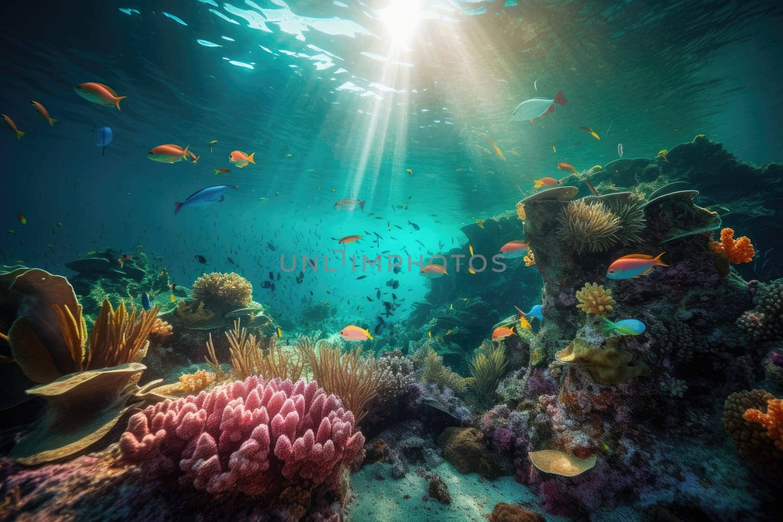 Tropical sea underwater fishes on coral reef. Aquarium oceanarium wildlife colorful marine panorama landscape nature snorkel diving. AI Generative. by Benzoix