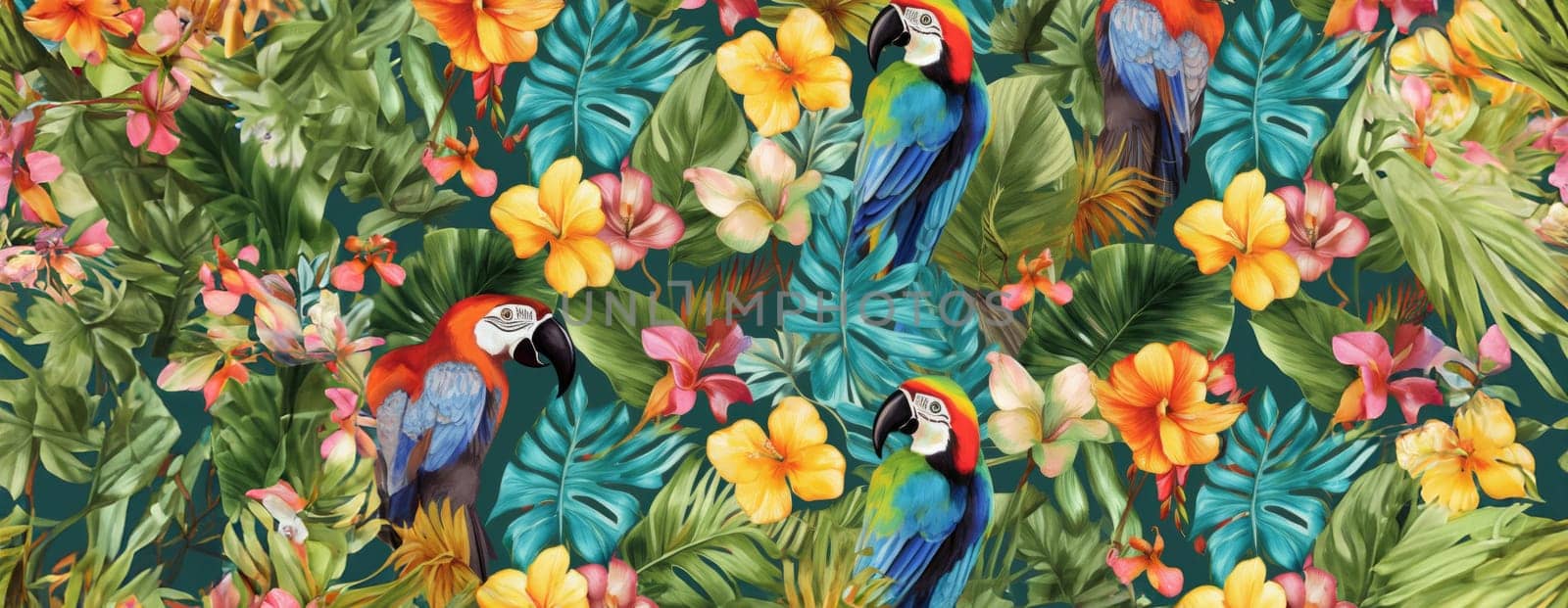 Tropical exotic pattern with animal and flowers in bright colors and lush vegetation. Ai Generative. by Benzoix