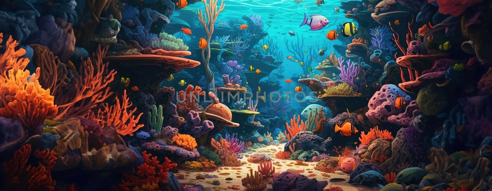 Tropical sea underwater fishes on coral reef. Aquarium oceanarium wildlife colorful marine panorama landscape nature snorkel diving. AI Generative