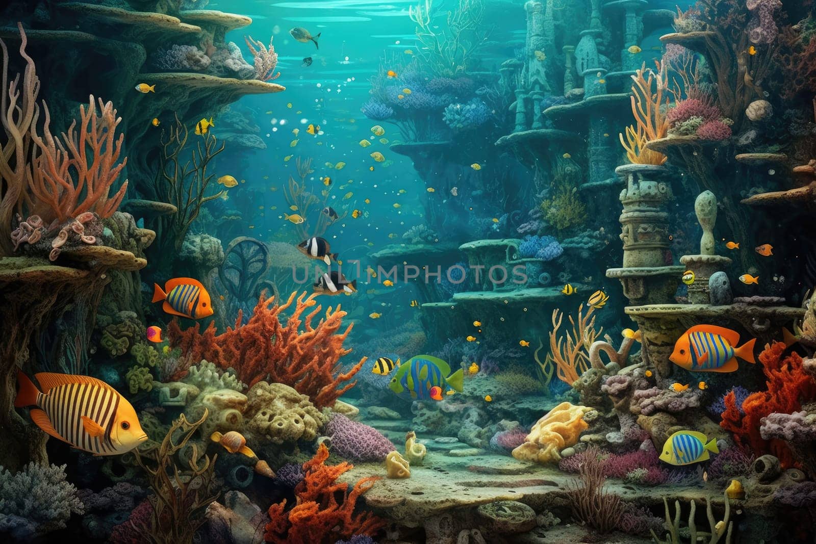 Tropical sea underwater fishes on coral reef. Aquarium oceanarium wildlife colorful marine panorama landscape nature snorkel diving. AI Generative