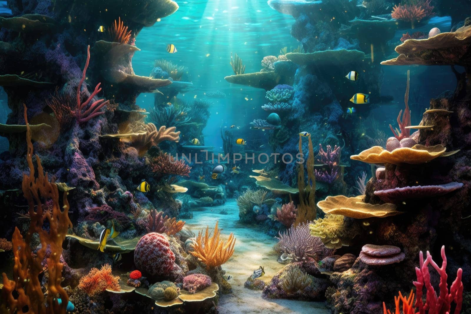 Tropical sea underwater fishes on coral reef. Aquarium oceanarium wildlife colorful marine panorama landscape nature snorkel diving. AI Generative