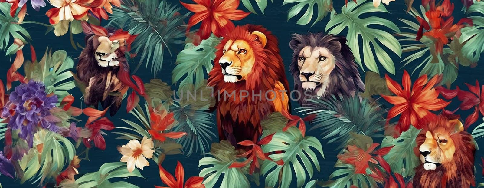 Tropical exotic pattern with animal and flowers in bright colors and lush vegetation. Ai Generative. by Benzoix