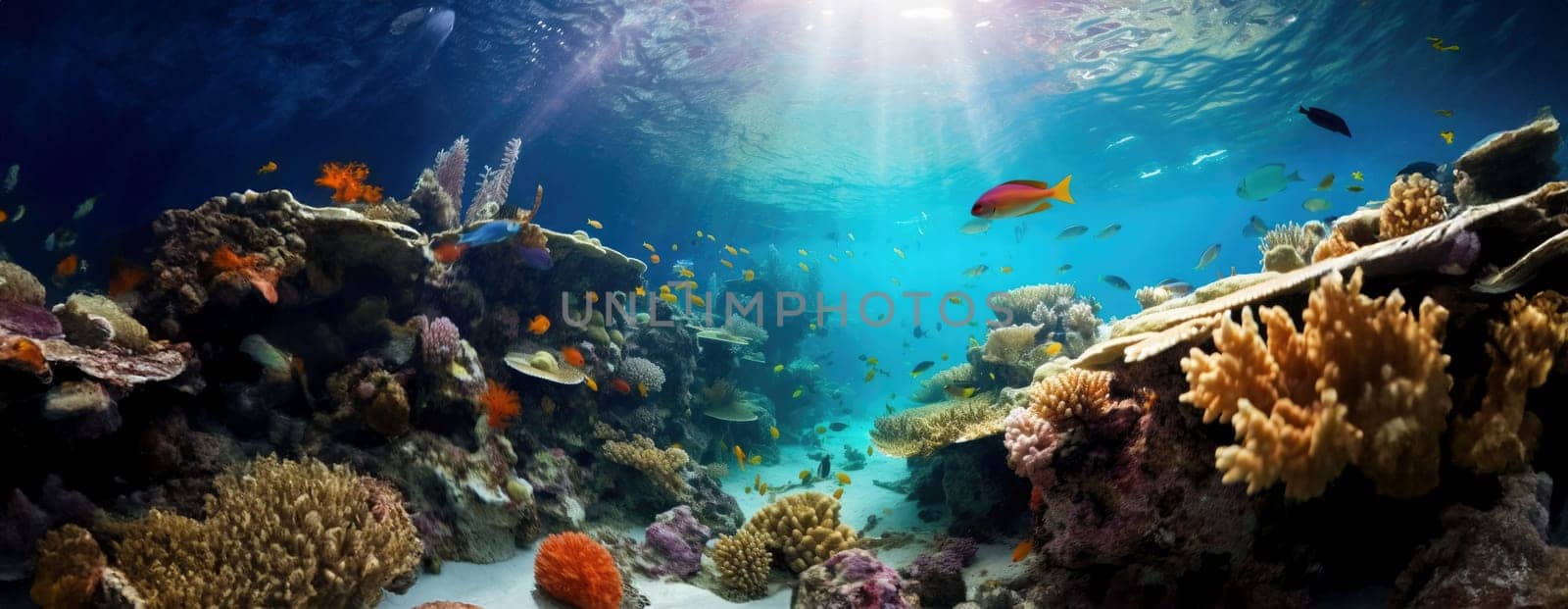 Tropical sea underwater fishes on coral reef. Aquarium oceanarium wildlife colorful marine panorama landscape nature snorkel diving. AI Generative