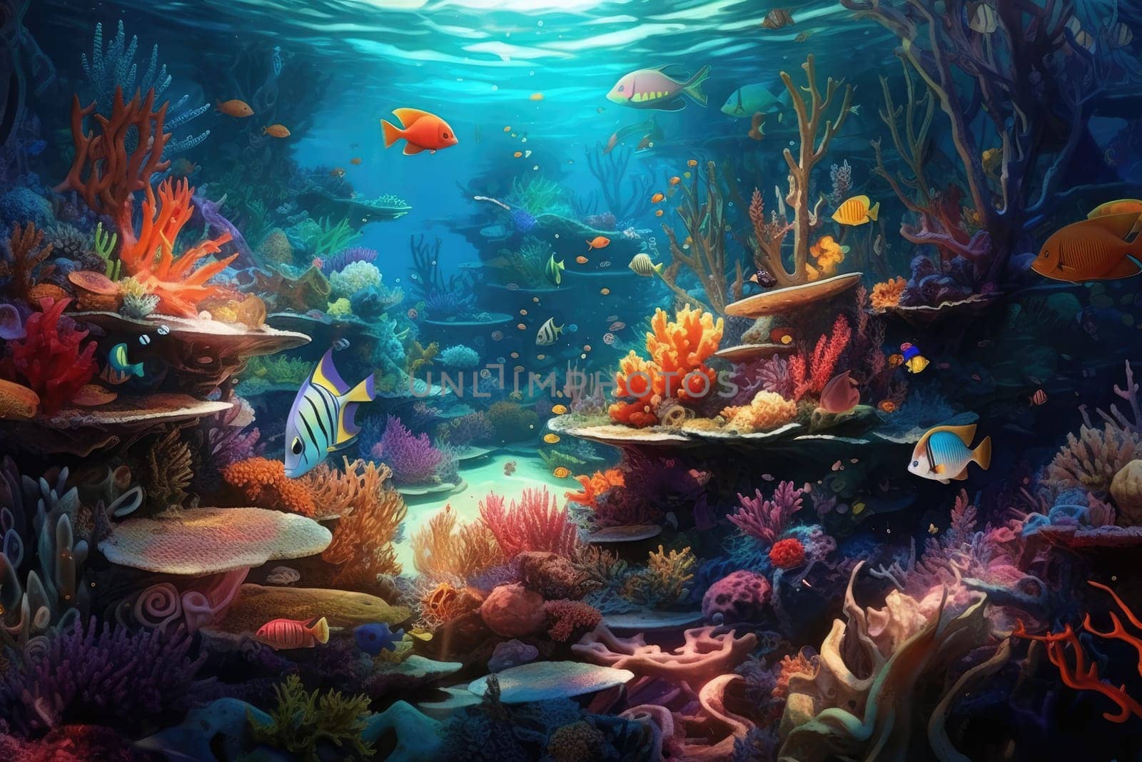 Tropical sea underwater fishes on coral reef. Aquarium oceanarium wildlife colorful marine panorama landscape nature snorkel diving. AI Generative