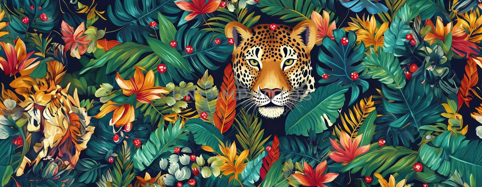 Tropical exotic pattern with animal and flowers in bright colors and lush vegetation. Ai Generative