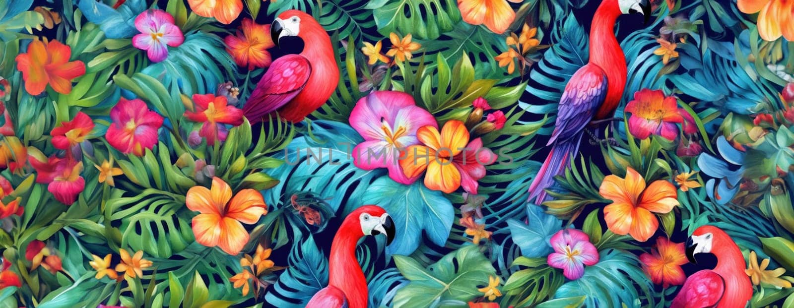 Tropical exotic pattern with animal and flowers in bright colors and lush vegetation. Ai Generative