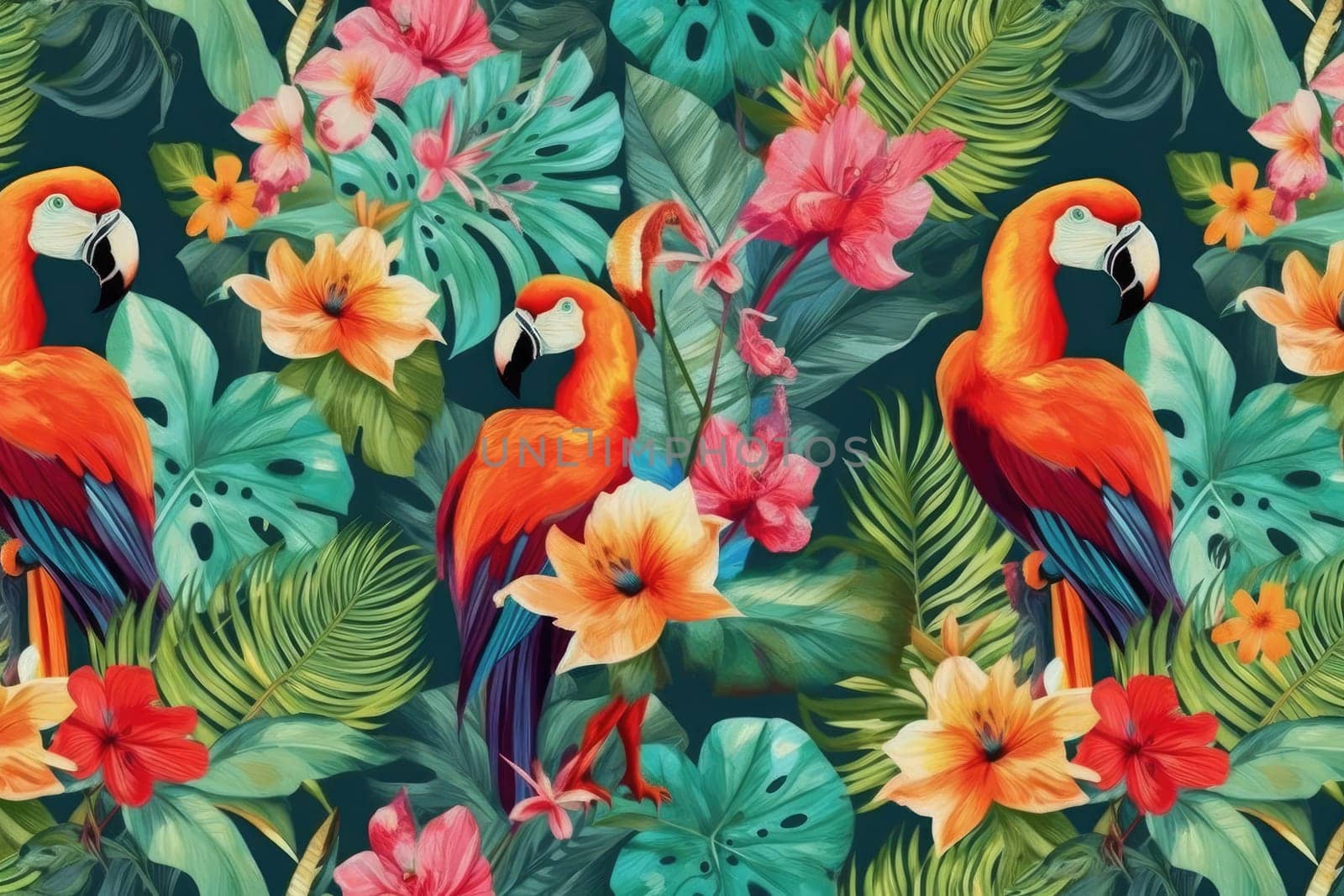 Tropical exotic pattern with animal and flowers in bright colors and lush vegetation. Ai Generative