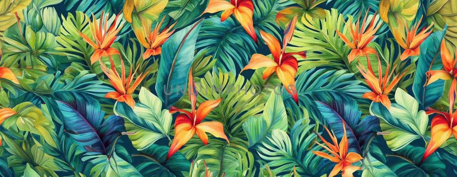 Tropical exotic pattern with animal and flowers in bright colors and lush vegetation. Ai Generative. by Benzoix