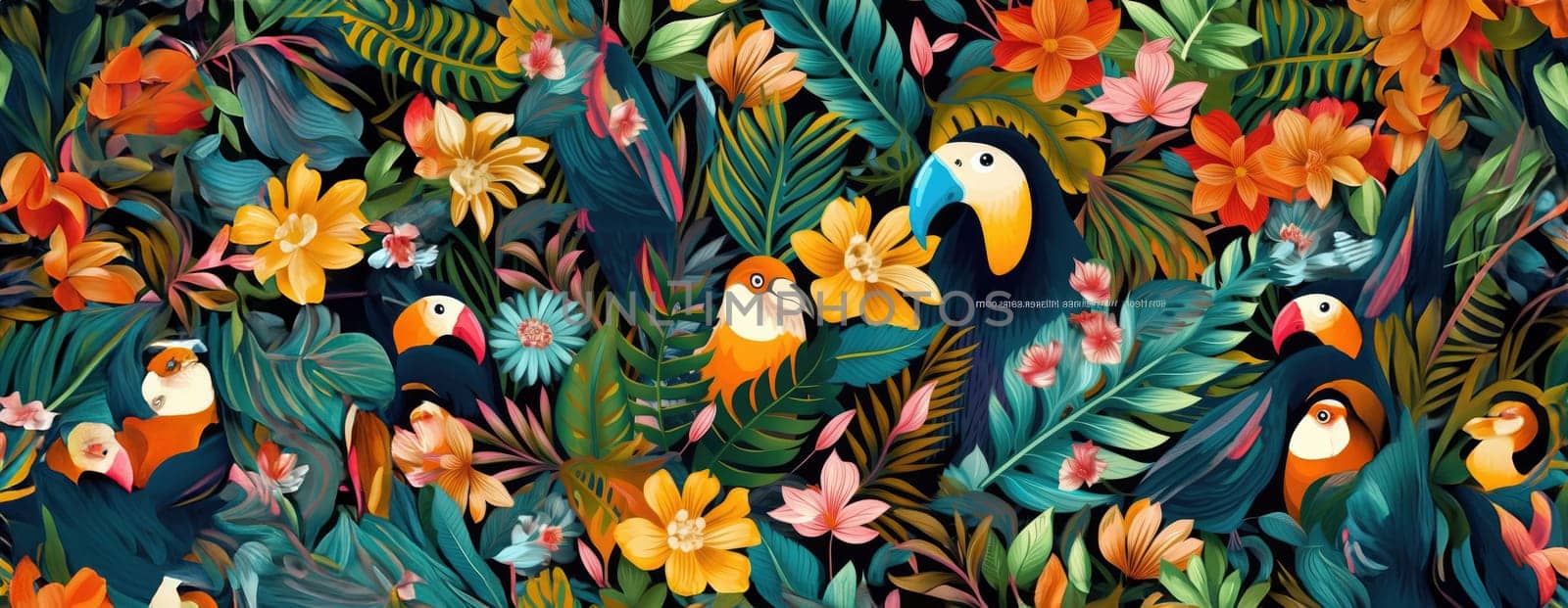 Tropical exotic pattern with animal and flowers in bright colors and lush vegetation. Ai Generative. by Benzoix