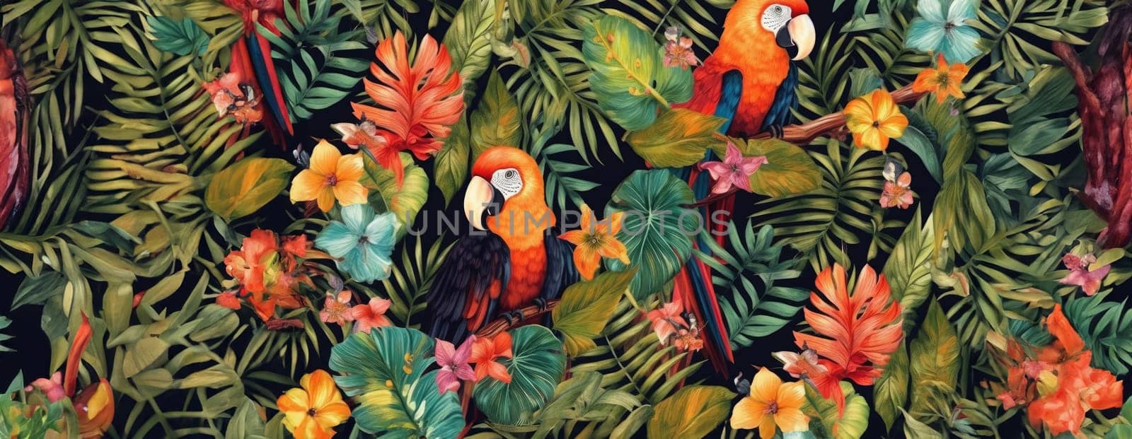 Tropical exotic pattern with animal and flowers in bright colors and lush vegetation. Ai Generative. by Benzoix