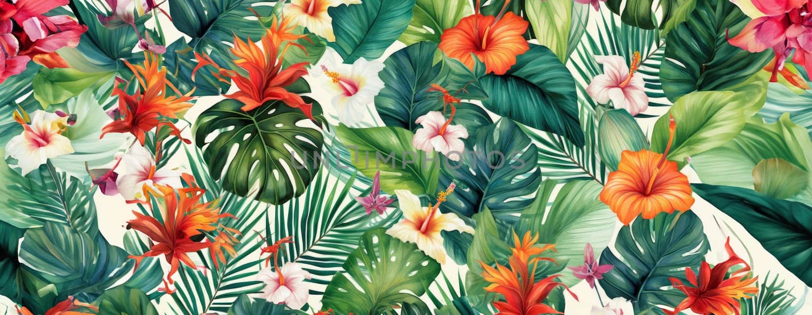 Tropical exotic pattern with animal and flowers in bright colors and lush vegetation. Ai Generative