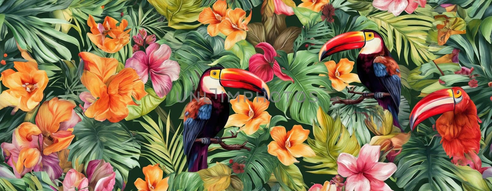 Tropical exotic pattern with animal and flowers in bright colors and lush vegetation. Ai Generative