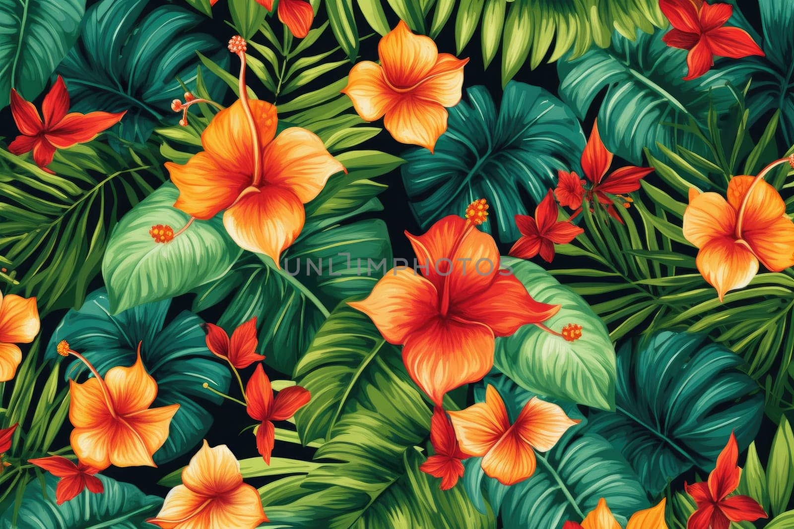 Tropical exotic pattern with animal and flowers in bright colors and lush vegetation. Ai Generative. by Benzoix