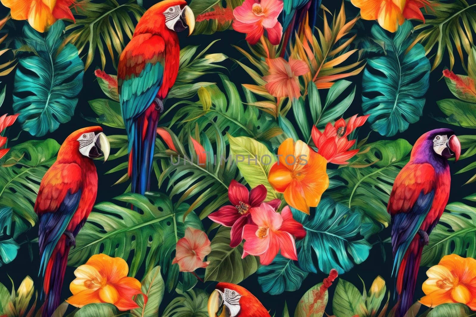 Tropical exotic pattern with animal and flowers in bright colors and lush vegetation. Ai Generative