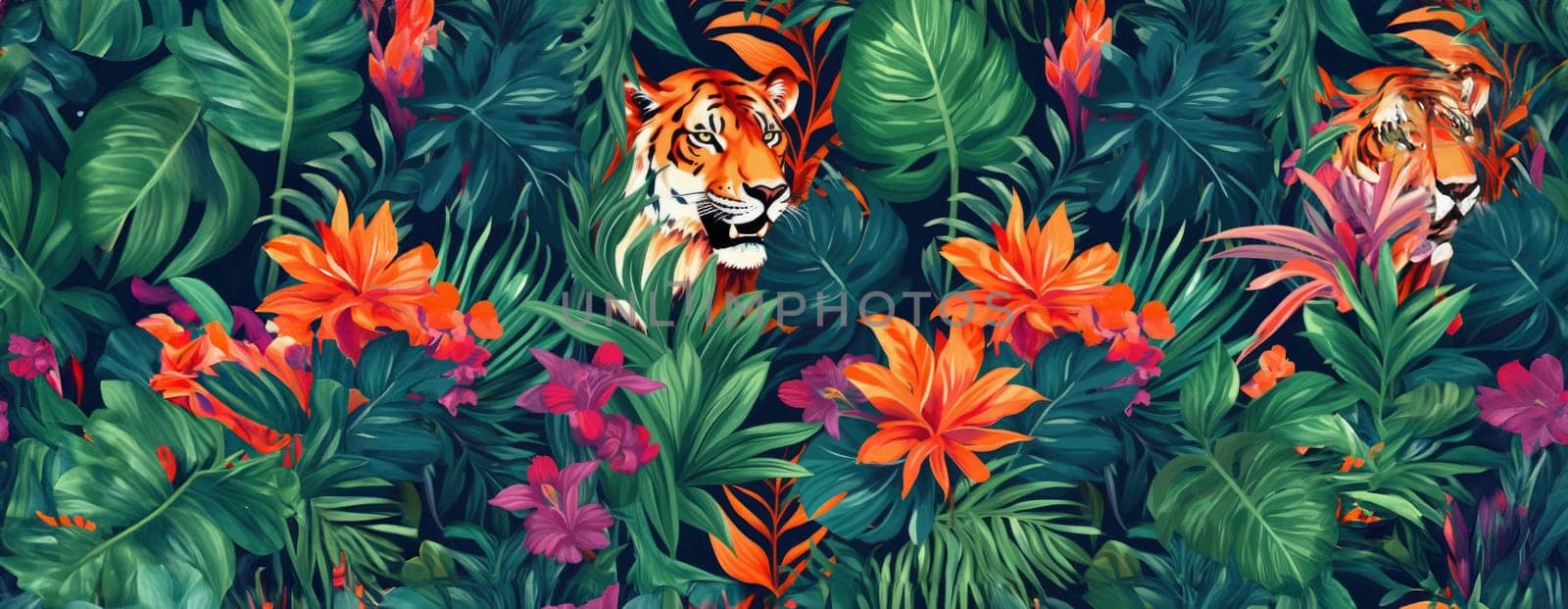 Tropical exotic pattern with animal and flowers in bright colors and lush vegetation. Ai Generative. by Benzoix