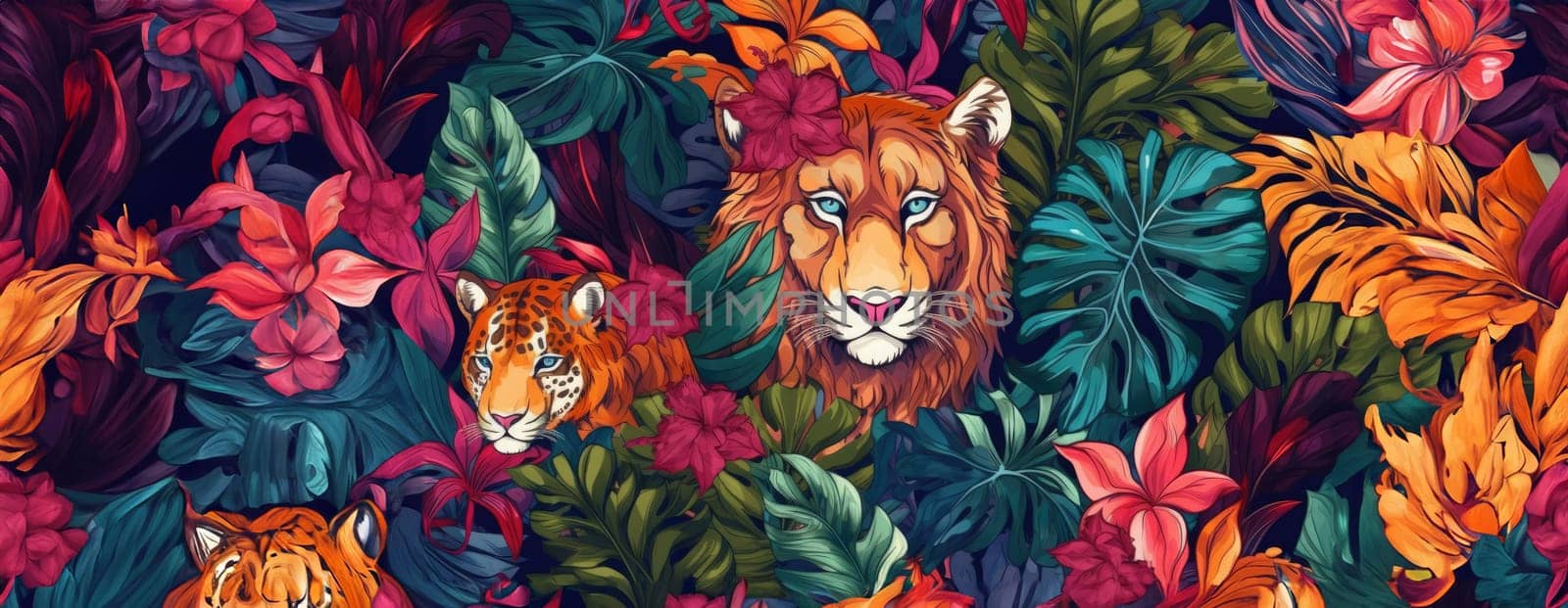 Tropical exotic pattern with animal and flowers in bright colors and lush vegetation. Ai Generative. by Benzoix