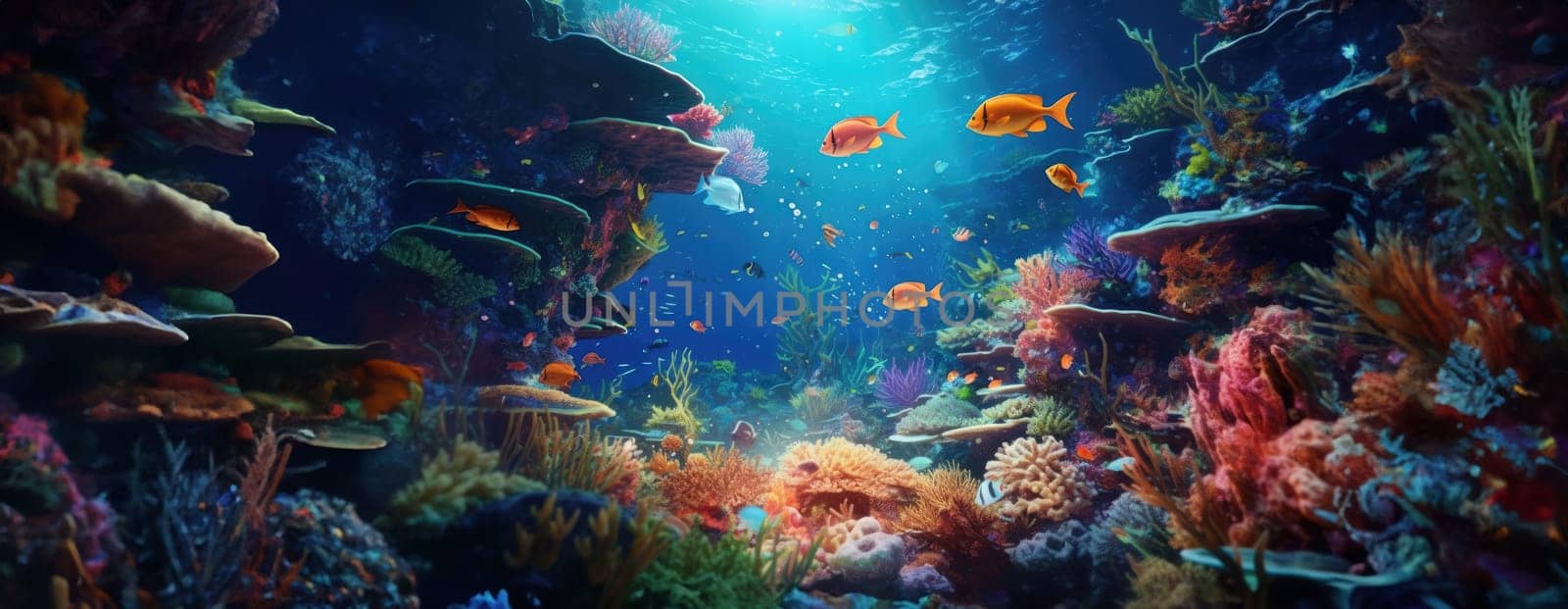 Tropical sea underwater fishes on coral reef. Aquarium oceanarium wildlife colorful marine panorama landscape nature snorkel diving. AI Generative