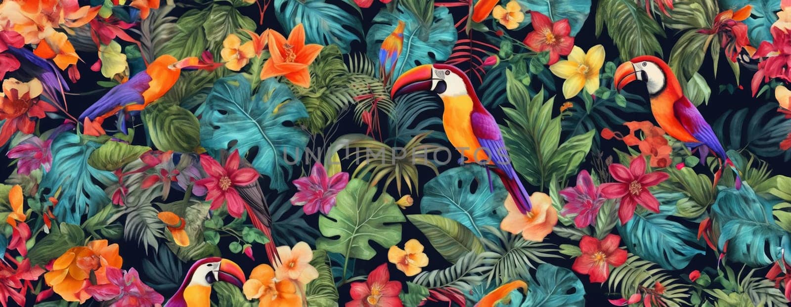 Tropical exotic pattern with animal and flowers in bright colors and lush vegetation. Ai Generative