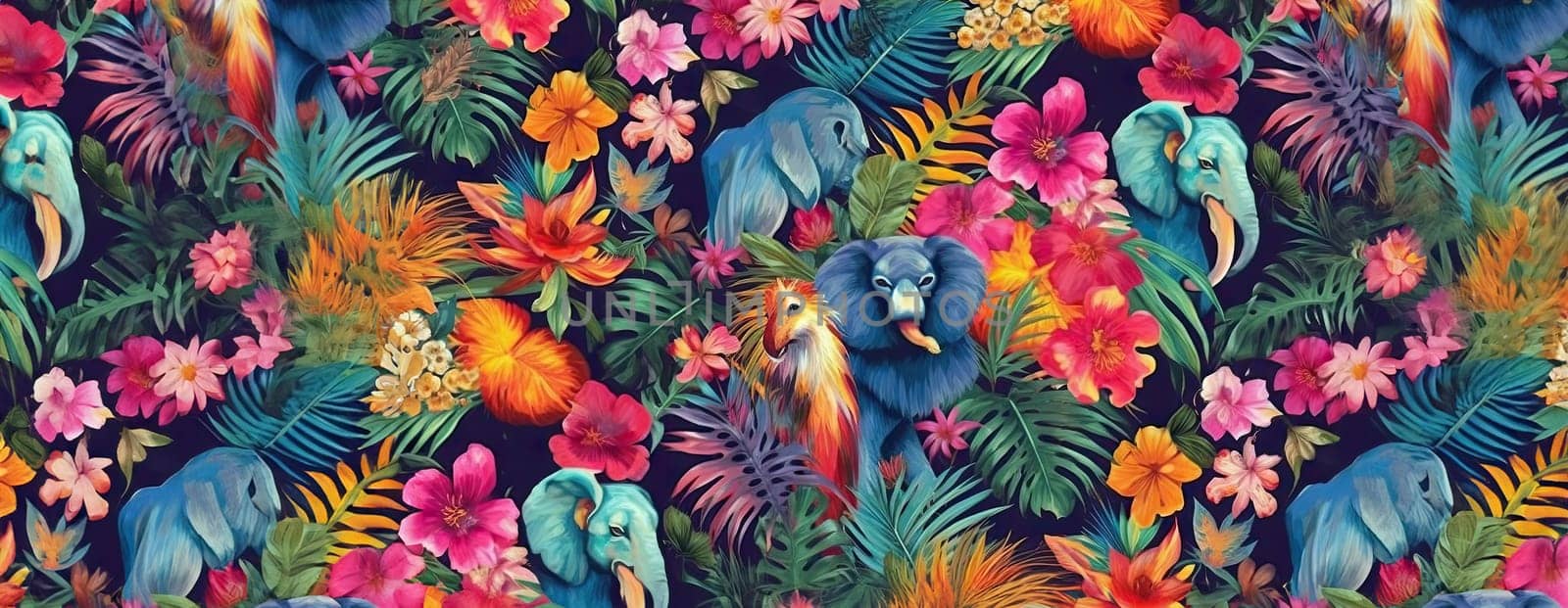 Tropical exotic pattern with animal and flowers in bright colors and lush vegetation. Ai Generative