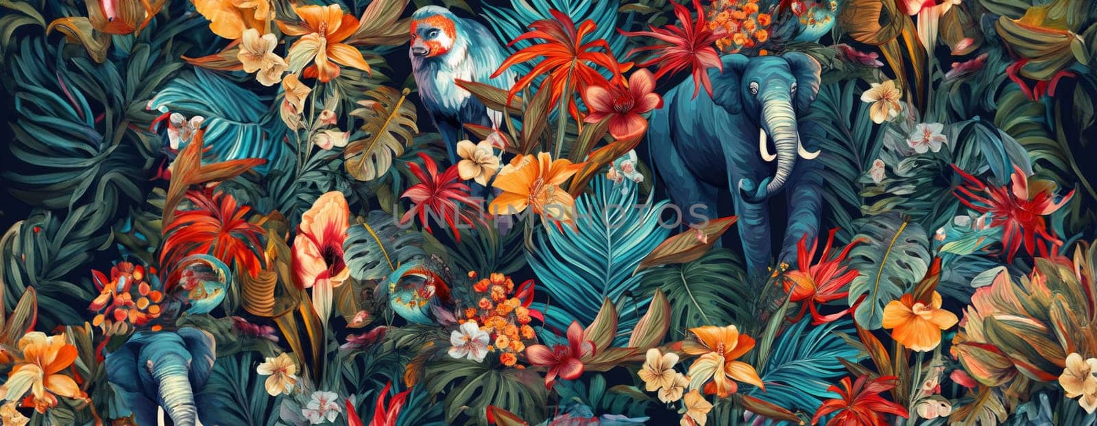 Tropical exotic pattern with animal and flowers in bright colors and lush vegetation. Ai Generative