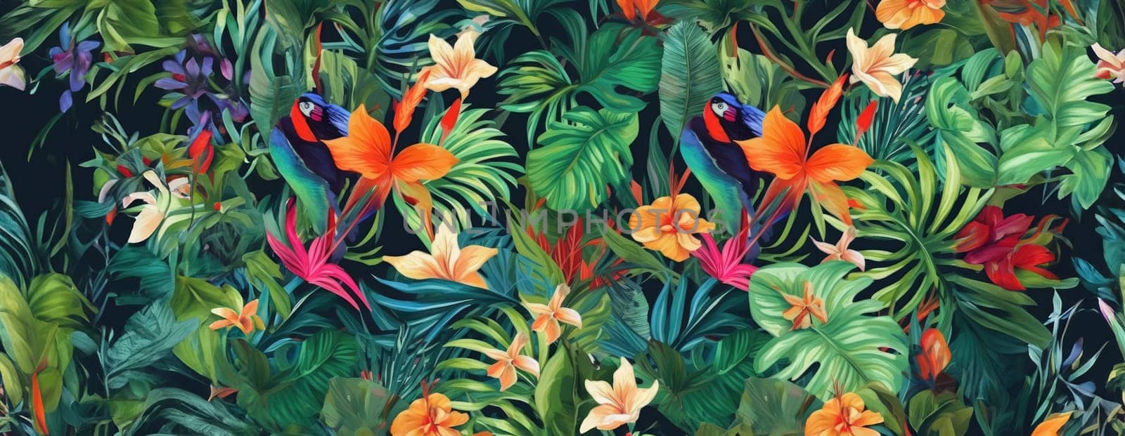 Tropical exotic pattern with animal and flowers in bright colors and lush vegetation. Ai Generative