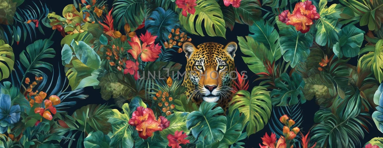 Tropical exotic pattern with animal and flowers in bright colors and lush vegetation. Ai Generative. by Benzoix