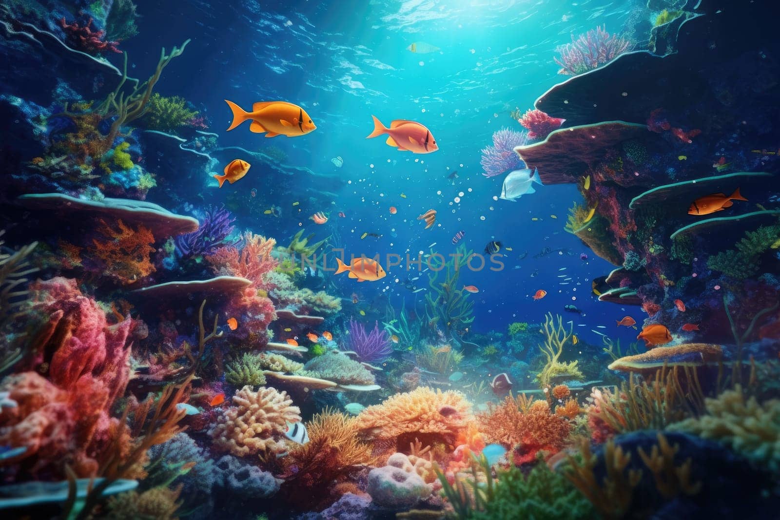 Tropical sea underwater fishes on coral reef. Aquarium oceanarium wildlife colorful marine panorama landscape nature snorkel diving. AI Generative