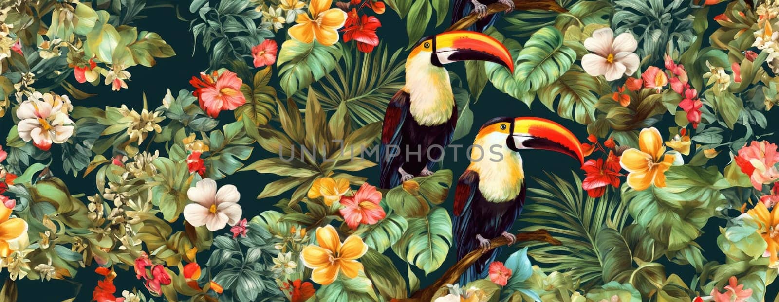 Tropical exotic pattern with animal and flowers in bright colors and lush vegetation. Ai Generative. by Benzoix