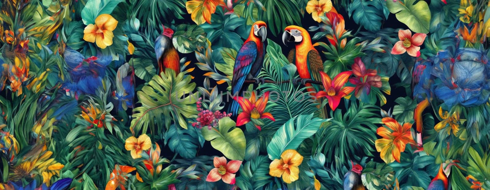 Tropical exotic pattern with animal and flowers in bright colors and lush vegetation. Ai Generative. by Benzoix