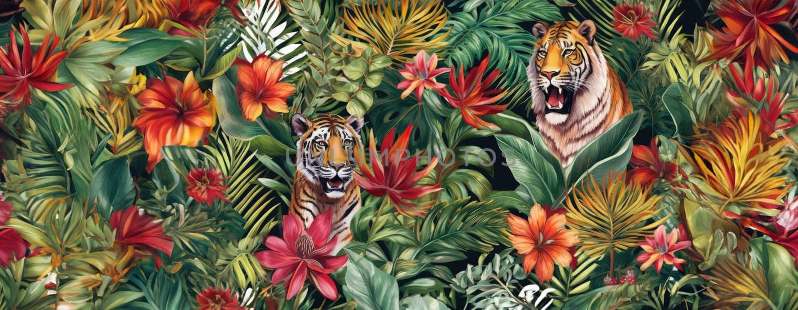 Tropical exotic pattern with animal and flowers in bright colors and lush vegetation. Ai Generative