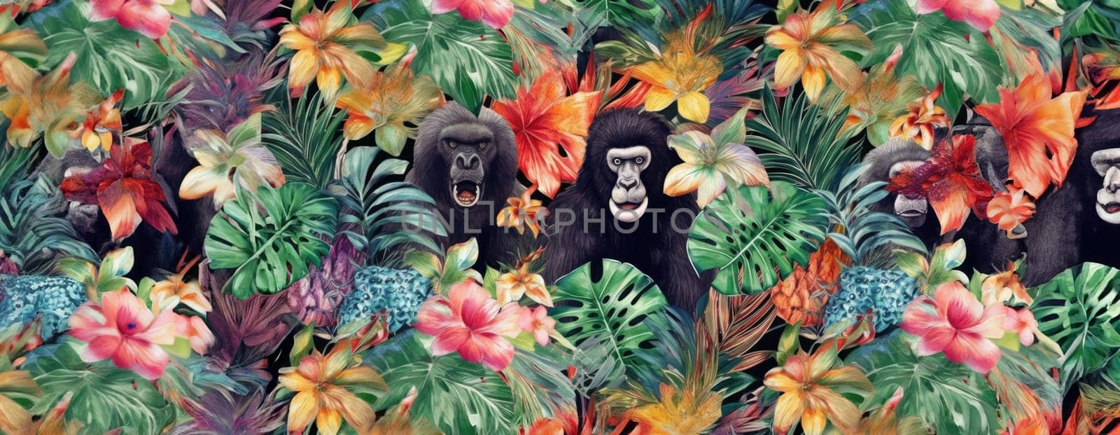 Tropical exotic pattern with animal and flowers in bright colors and lush vegetation. Ai Generative. by Benzoix