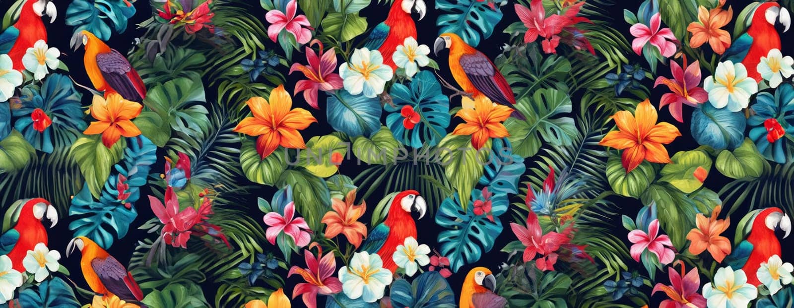 Tropical exotic pattern with animal and flowers in bright colors and lush vegetation. Ai Generative. by Benzoix