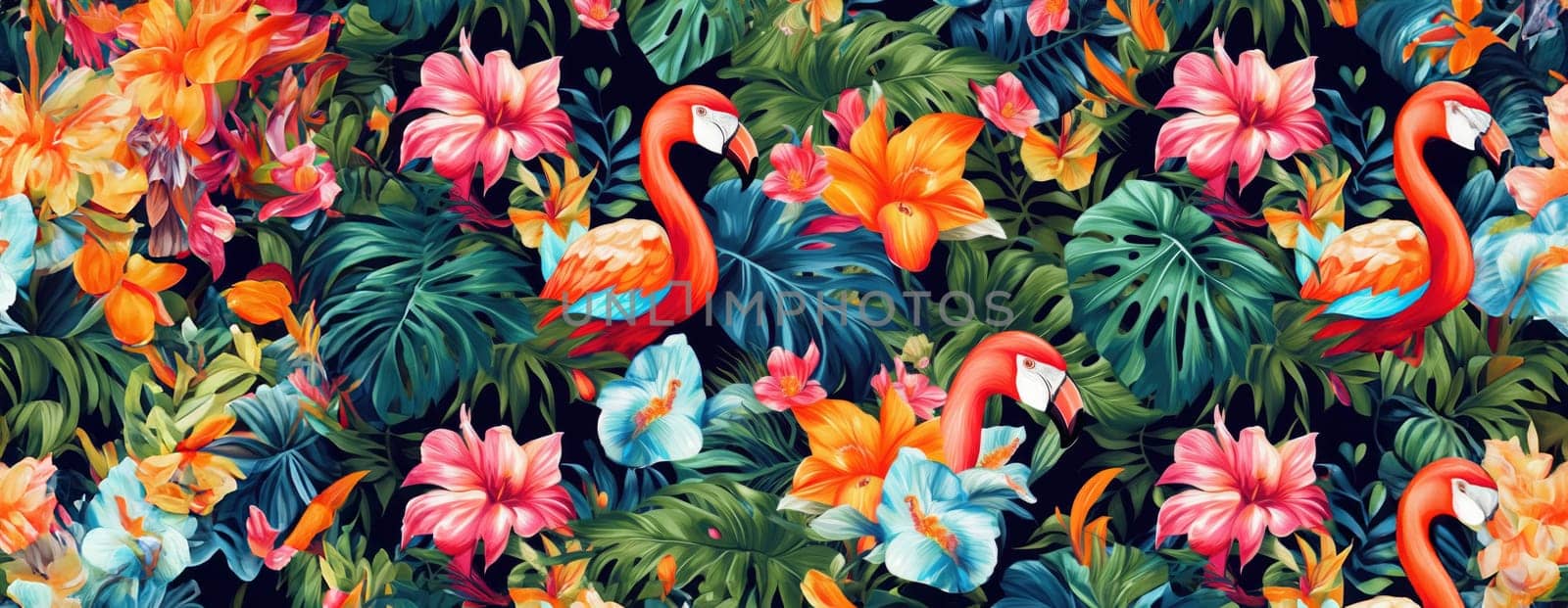 Tropical exotic pattern with animal and flowers in bright colors and lush vegetation. Ai Generative. by Benzoix