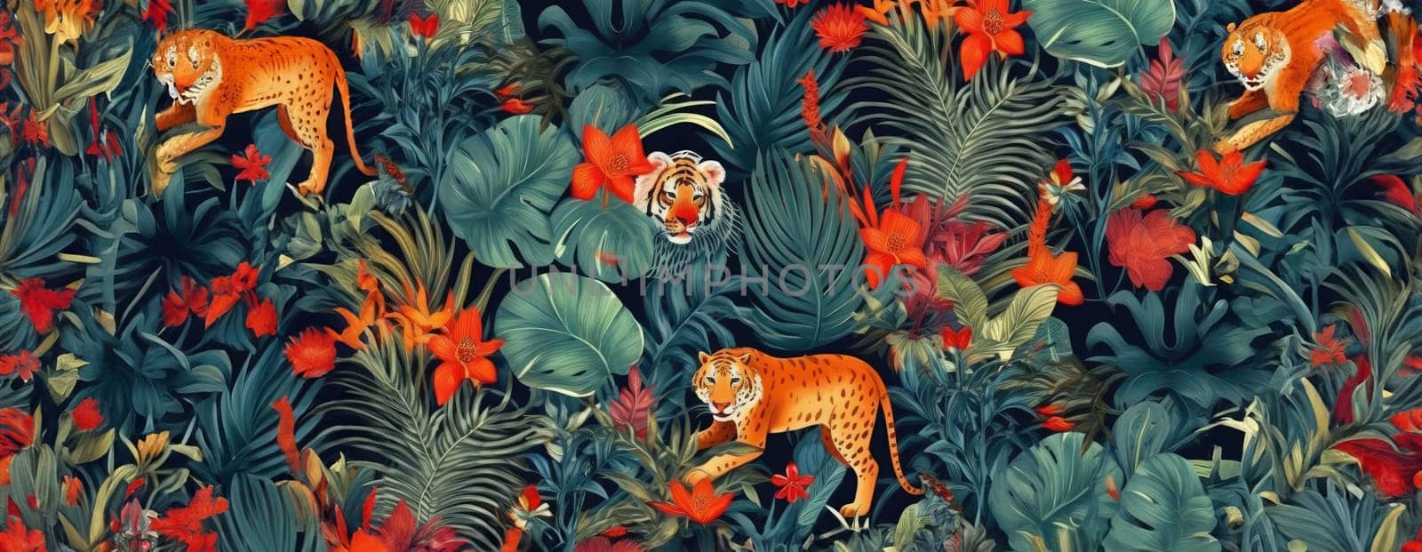 Tropical exotic pattern with animal and flowers in bright colors and lush vegetation. Ai Generative. by Benzoix