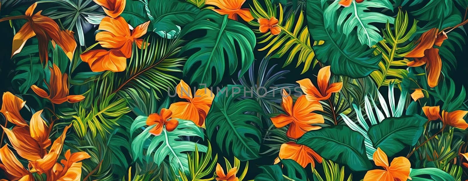 Tropical exotic pattern with animal and flowers in bright colors and lush vegetation. Ai Generative. by Benzoix