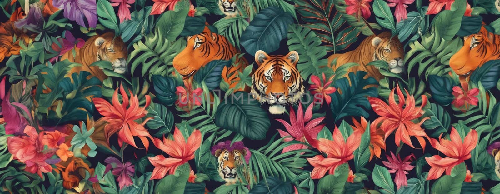 Tropical exotic pattern with animal and flowers in bright colors and lush vegetation. Ai Generative. by Benzoix