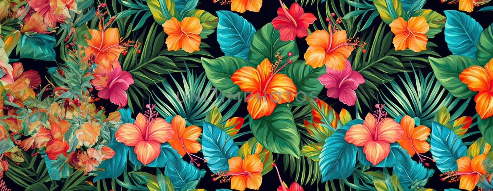 Tropical exotic pattern with animal and flowers in bright colors and lush vegetation. Ai Generative