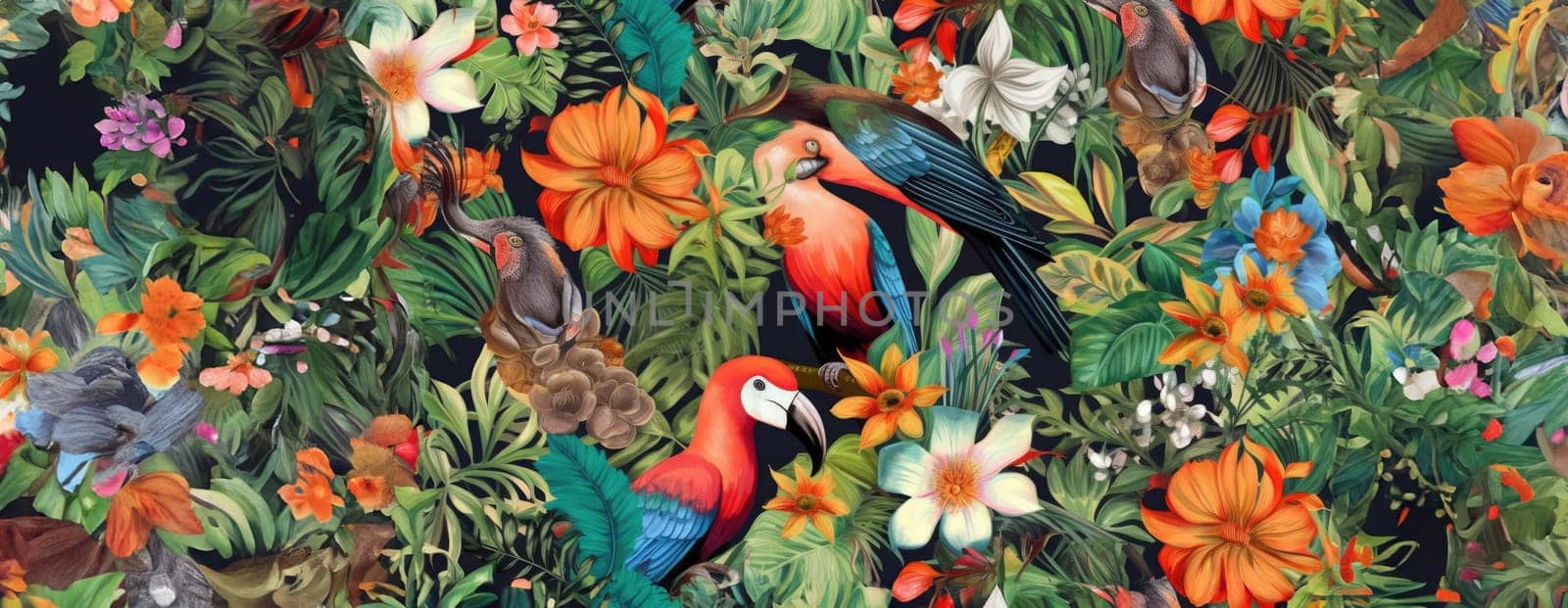 Tropical exotic pattern with animal and flowers in bright colors and lush vegetation. Ai Generative. by Benzoix