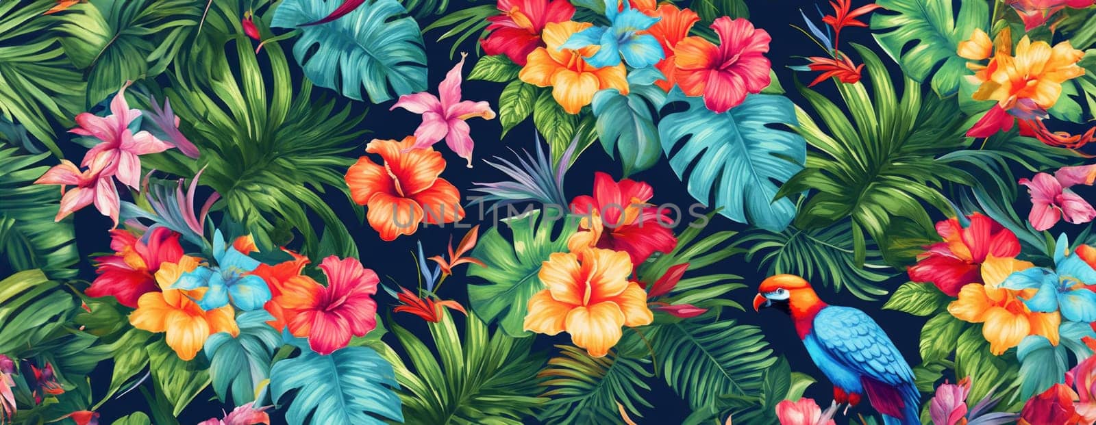 Tropical exotic pattern with animal and flowers in bright colors and lush vegetation. Ai Generative. by Benzoix