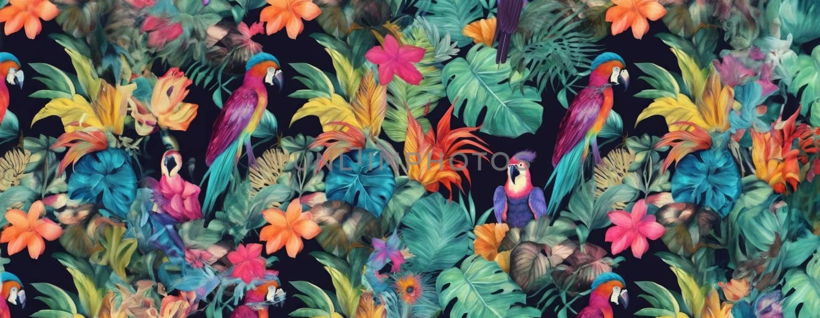 Tropical exotic pattern with animal and flowers in bright colors and lush vegetation. Ai Generative. by Benzoix